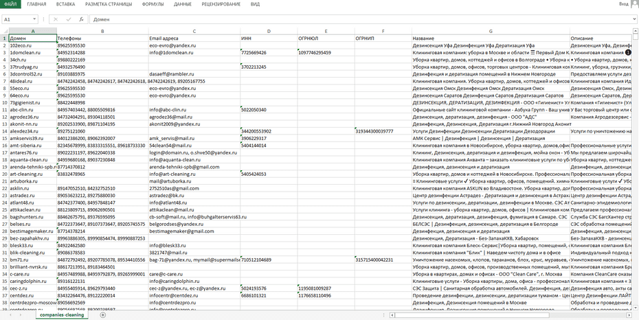 Пример базы клининговых компаний в Excel файле