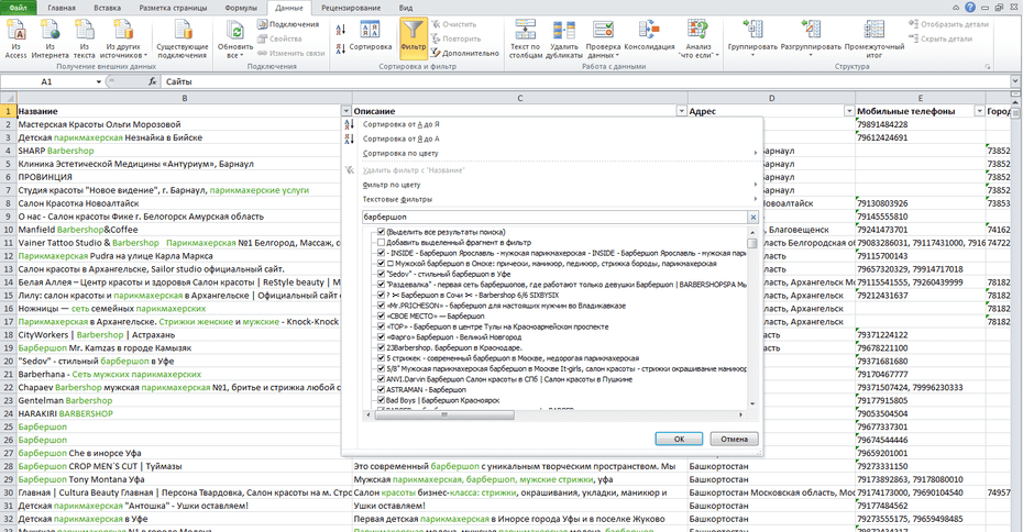 Настройка фильтрации парикмахерских, барбершопов по столбцу «Название» в Excel