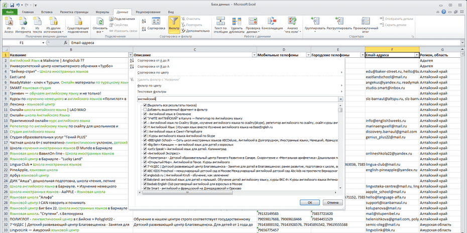 Окно фильтрации языковых школ по колонке «Название» в Excel