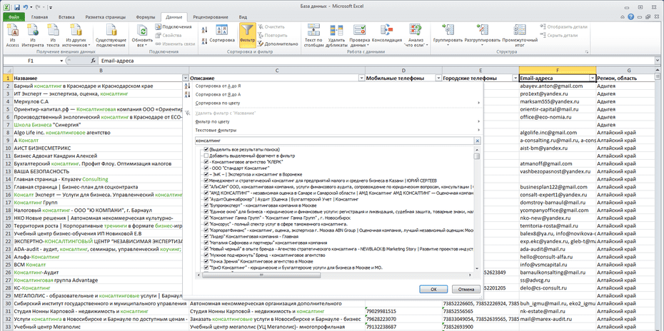 Окно фильтрации консалтинговых компаний по колонке «Название» в Excel