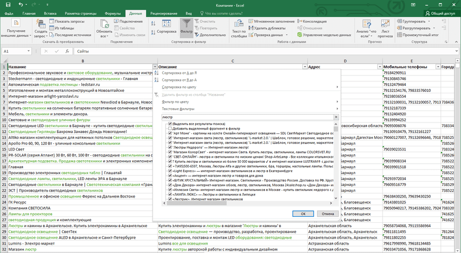 Настройка фильтрации компаний света по столбцу «Название» в Excel