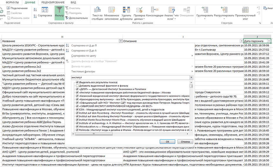 Окно фильтрации образовательных организаций по колонке «Название» в Excel