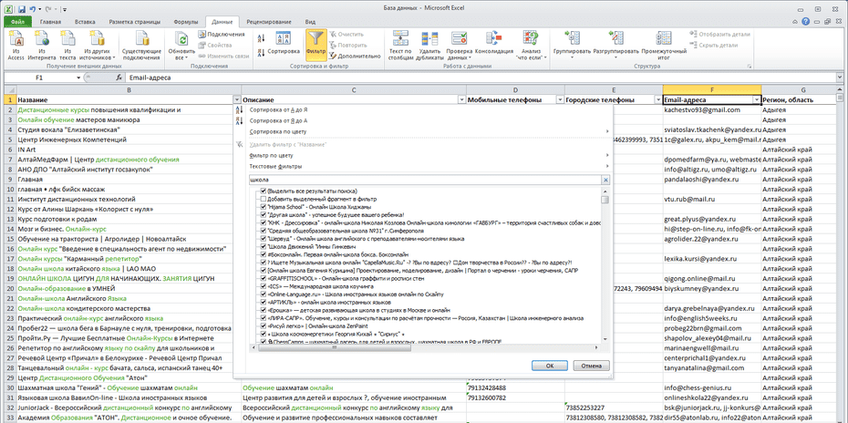 Фильтрация записей онлайн-школ в столбце «Название» Excel файла