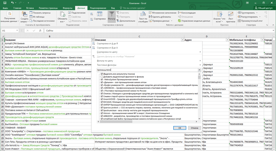 Окно фильтрации поставщиков бытовой и профессиональной химии по колонке «Название» в Excel