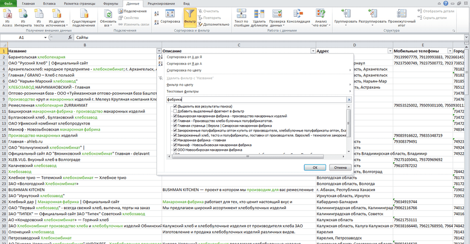Окно с настройками фильтрации хлебозаводов, хлебокомбинатов в Excel по колонке «Название»