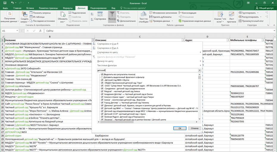 Фильтрация записей детских садов в столбце «Название» Excel файла