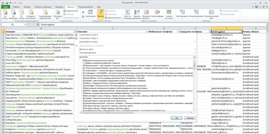Окно с настройками фильтрации питомников растений в Excel по колонке «Название»