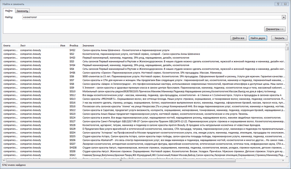Окно с параметрами поиска салонов красоты в Excel