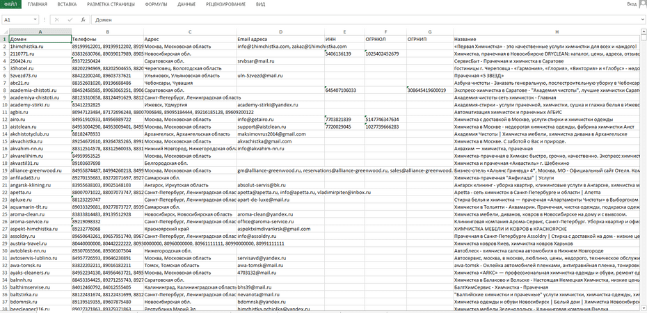 Пример базы химчисток и прачечных в Excel файле