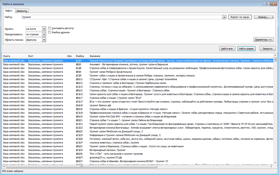 Окно поиска зоосалонов, компаний груминга в Excel