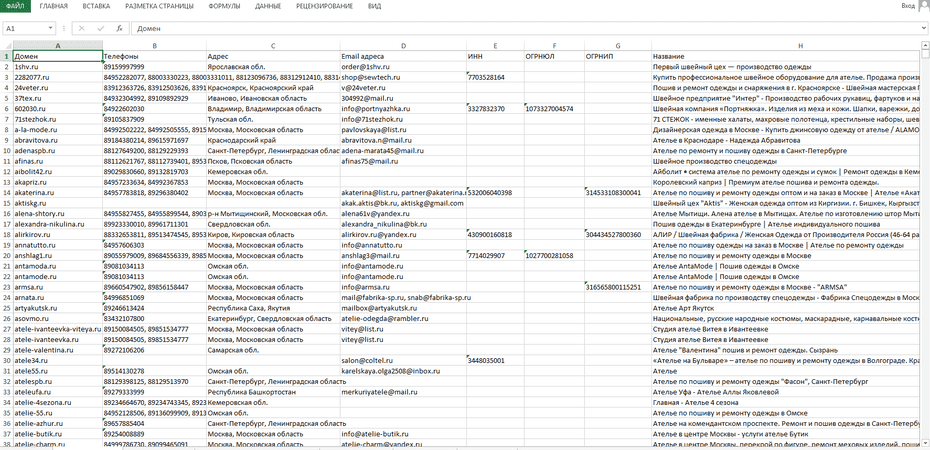 Пример базы ателье и швейных компаний в Excel файле
